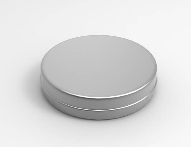 istock Round thin aluminium container with lid and blank shoe polish box isolated on a white background. 3D render illustration. 825159934
