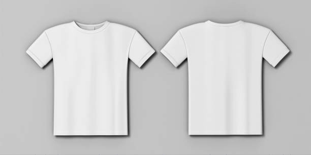 istock White t-shirt with short sleeve in front and back views. 3d render illustration. Ready for your design. 825160182