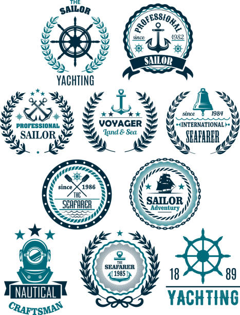 vektor nautischen marine heraldische symbole für den segelsport - voyager raumfahrzeug stock-grafiken, -clipart, -cartoons und -symbole