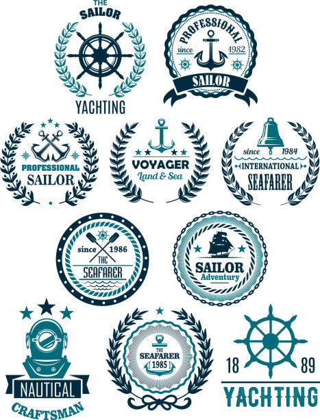 ilustraciones, imágenes clip art, dibujos animados e iconos de stock de vector náutica marina heráldico los iconos para yachting - trident
