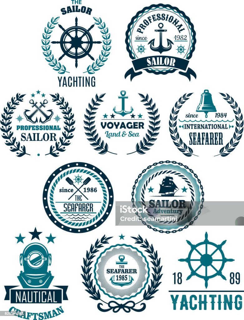 Vector nautical marine heraldic icons for yachting Yachting and nautical seafarer adventure heraldic icons set. Vector isolated badges of ship anchor or helm, navy captain compass or wind rose and laurel wreath on stars for sailor voyager club Nautical Vessel stock vector