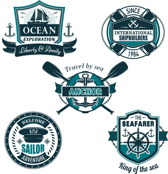 Vector nautical heraldic icons of seafarer sailing Marine travel and sailor or seafarer sailing heraldic vector icons set of ship anchor, helm or crossed vessel paddles, captain hat and life buoy on ocean or sea waves with ribbons and seagulls marines navy sea captain stock illustrations