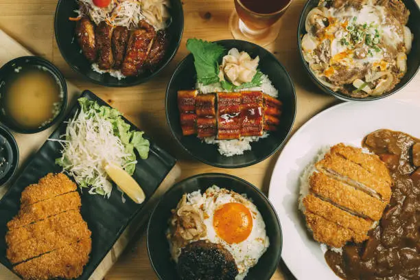 Mixing of Donburi, Japanese food style, Rice bowl, Chicken Teriyaki, Unagi, Tonkatsu, Miso soup