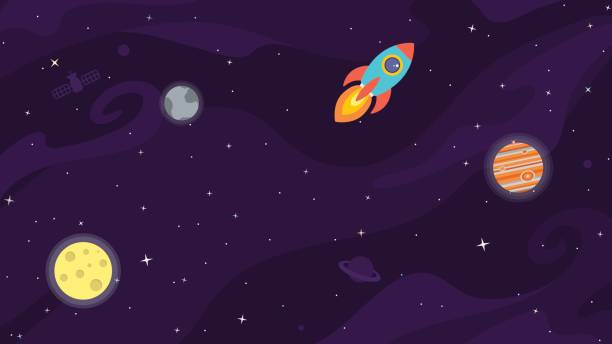 Space vector background with rocket, planets and satelite. Space flat vector background with rocket, spaceship, moon, Jupiter, satellite, planets and stars. Space for your text. jupiter stock illustrations