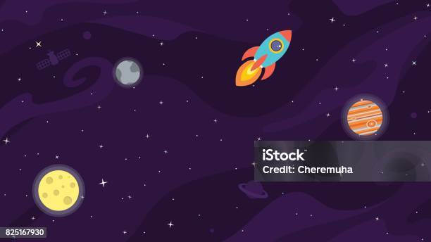 Space Vector Background With Rocket Planets And Satelite Stock Illustration  - Download Image Now - iStock