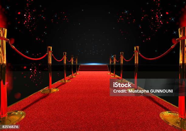 Long Red Carpet Between Rope Barriers With Stair At The End Stock Photo - Download Image Now