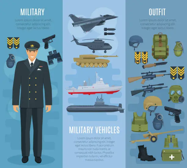 Vector illustration of Vector banners military vehicles ammunition outfit