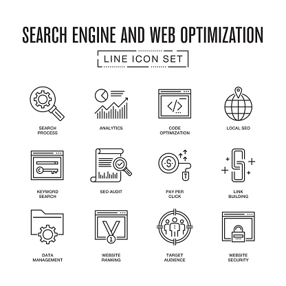 Search Engine and Web Optimization Line Icon Set