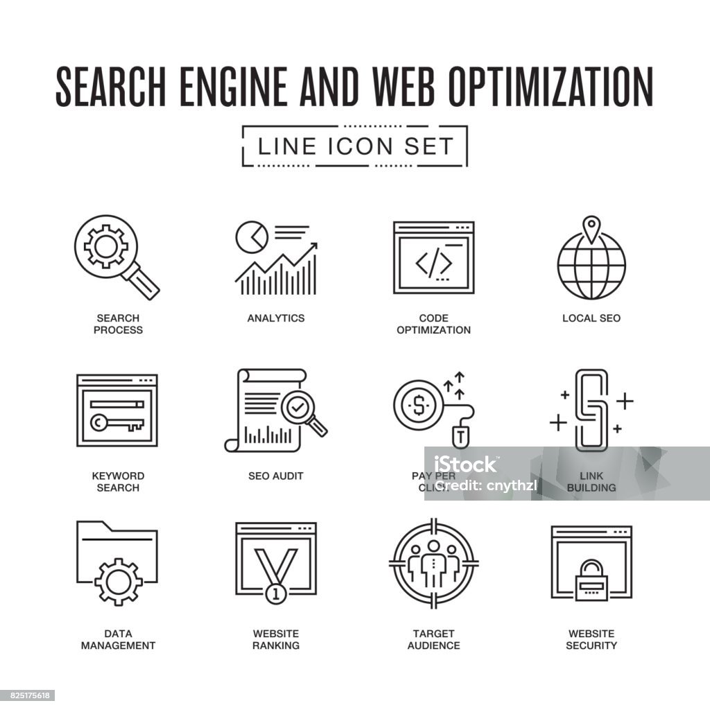 Search Engine and Web Optimization Line Icon Set Icon Symbol stock vector