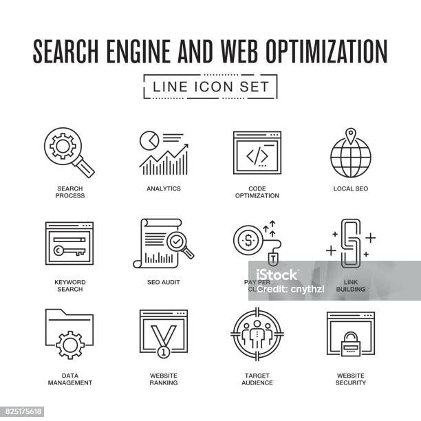 Search Engine And Web Optimization Line Icon Set Stock Illustration - Download Image Now - Icon Symbol, The Media, Search Engine