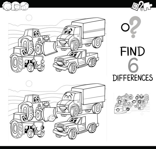 spot the difference with cars coloring book Black and White Cartoon Illustration of Spot the Differences Educational Game for Children with Cars and Transport Characters Group Coloring Page office parties stock illustrations