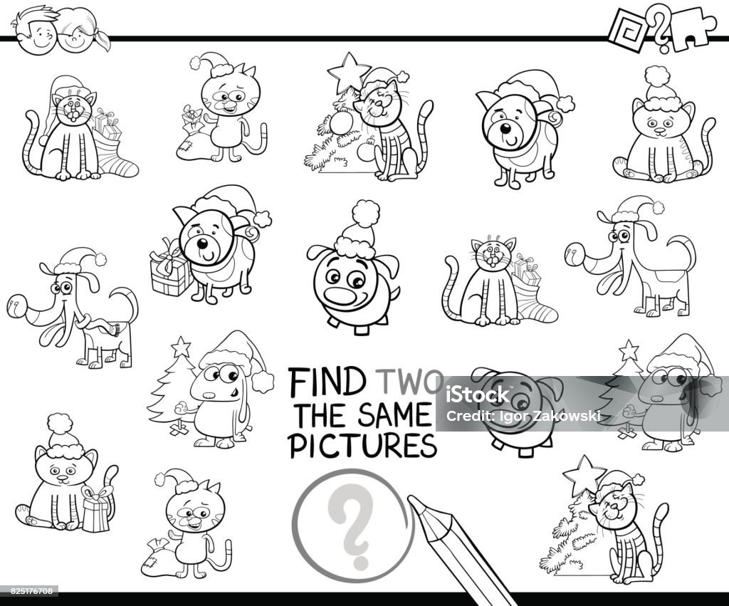 find identical items coloring page with Xmas pets Black and White Cartoon Illustration of Finding Two Identical Pictures Educational Game for Children with Christmas Animals Coloring Page Christmas stock vector