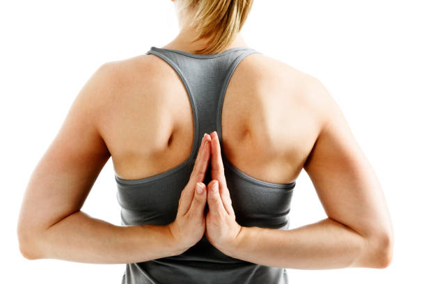 Woman demonstrates Padottanasana or Namaste which represents the hands Backview of young woman demonstrating the Padottanasana or Namaste pose with her hands folded behind her. scapula stock pictures, royalty-free photos & images