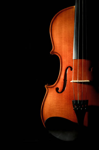 instrumentos musicais de closeup violino orquestra no fundo preto - traditional clothing audio - fotografias e filmes do acervo