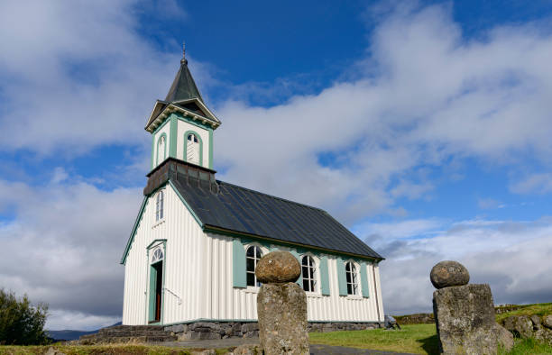 Thingvalla Kirkja in Thingvellir National Park in Iceland during a beautiful summer day.