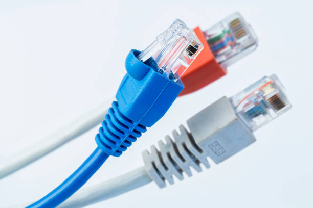 bunte netzwerkkabel mit rj45-steckern. - cable network server network connection plug green stock-fotos und bilder