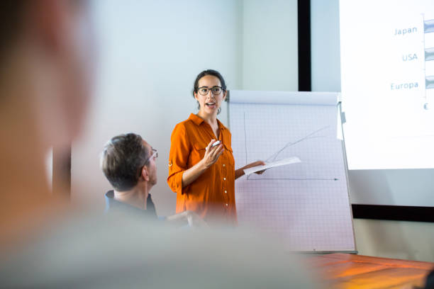 Businesswoman giving presentation to colleagues Businesswoman giving presentation to colleagues in conference room. Female entrepreneur explaining new business strategy to colleagues at boardroom. flipchart stock pictures, royalty-free photos & images