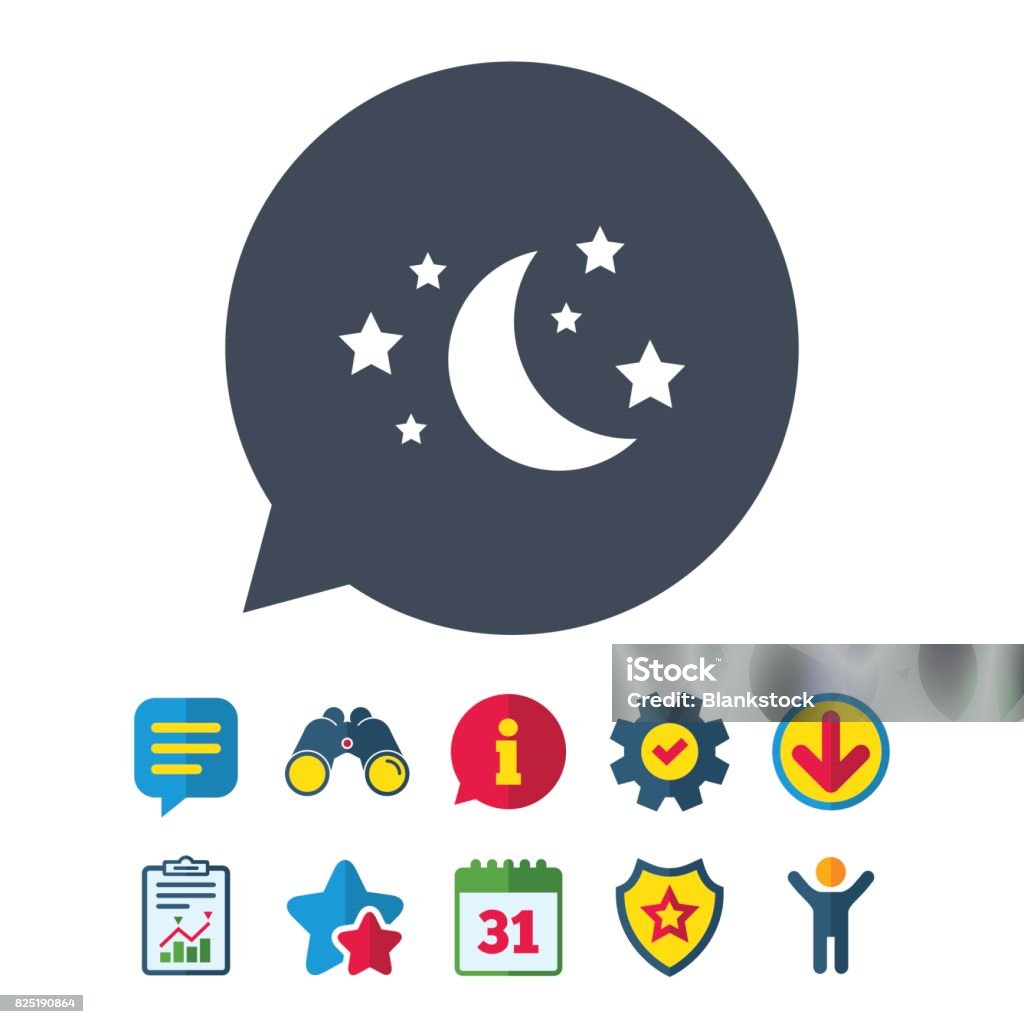 Moon and stars sign icon. Sleep dreams symbol. Moon and stars icon. Sleep dreams symbol. Night or bed time sign. Information, Report and Speech bubble signs. Binoculars, Service and Download, Stars icons. Vector Art stock vector