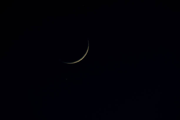 New moon and two star Night, Planet - Space, Circle, Crescent, Horizontal, stars hong kong moon night stock pictures, royalty-free photos & images