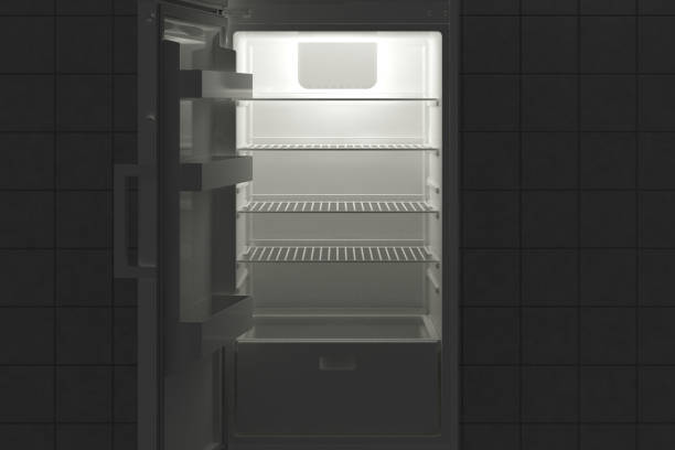 Empty fridge with open door Empty fridge with open door at night. 3d illustration. fridge open light stock pictures, royalty-free photos & images