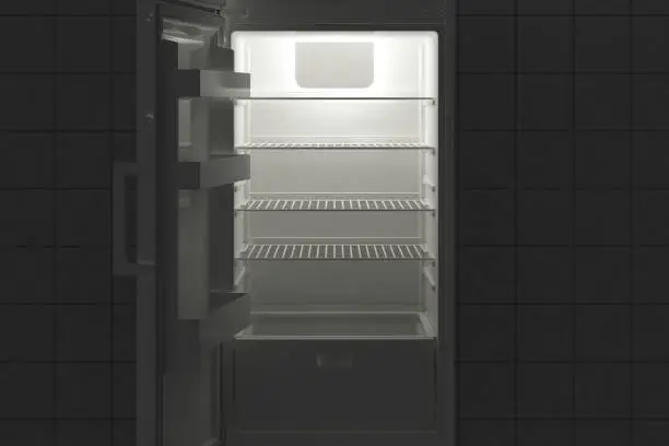 Empty fridge with open door at night. 3d illustration.