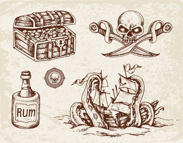 illustrations, cliparts, dessins animés et icônes de éléments de design de pirates - ship in a bottle bottle sailing ship nautical vessel