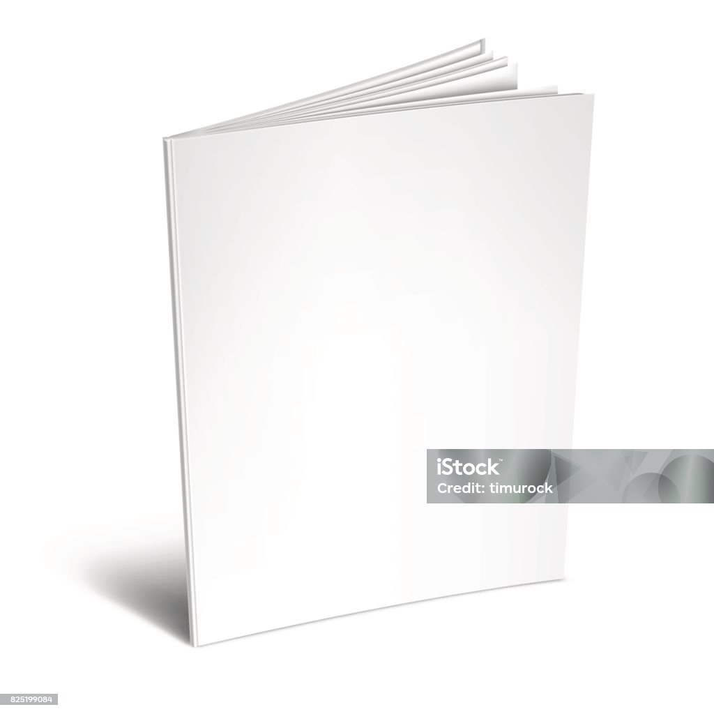 Empty White Book or Magazine Opened book or magazine with empty blank pages and cover. White object mockup or template isolated on white background Template stock vector