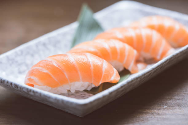 Toro salmon or fatty salmon sushi, background concept stock photo