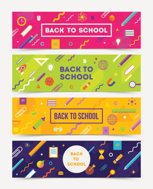Back to School Vector set of horizontal banners Back to School Vector set of horizontal banners - colorful abstract backgrounds with school object and supplies. elementary school stock illustrations