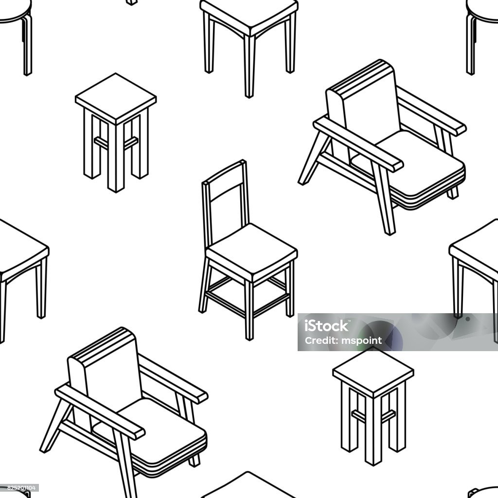 Seamless pattern with line drawn isometric chairs. white background Seamless pattern with line drawn isometric chairs. white background. Vector illustration. Isometric Projection stock vector