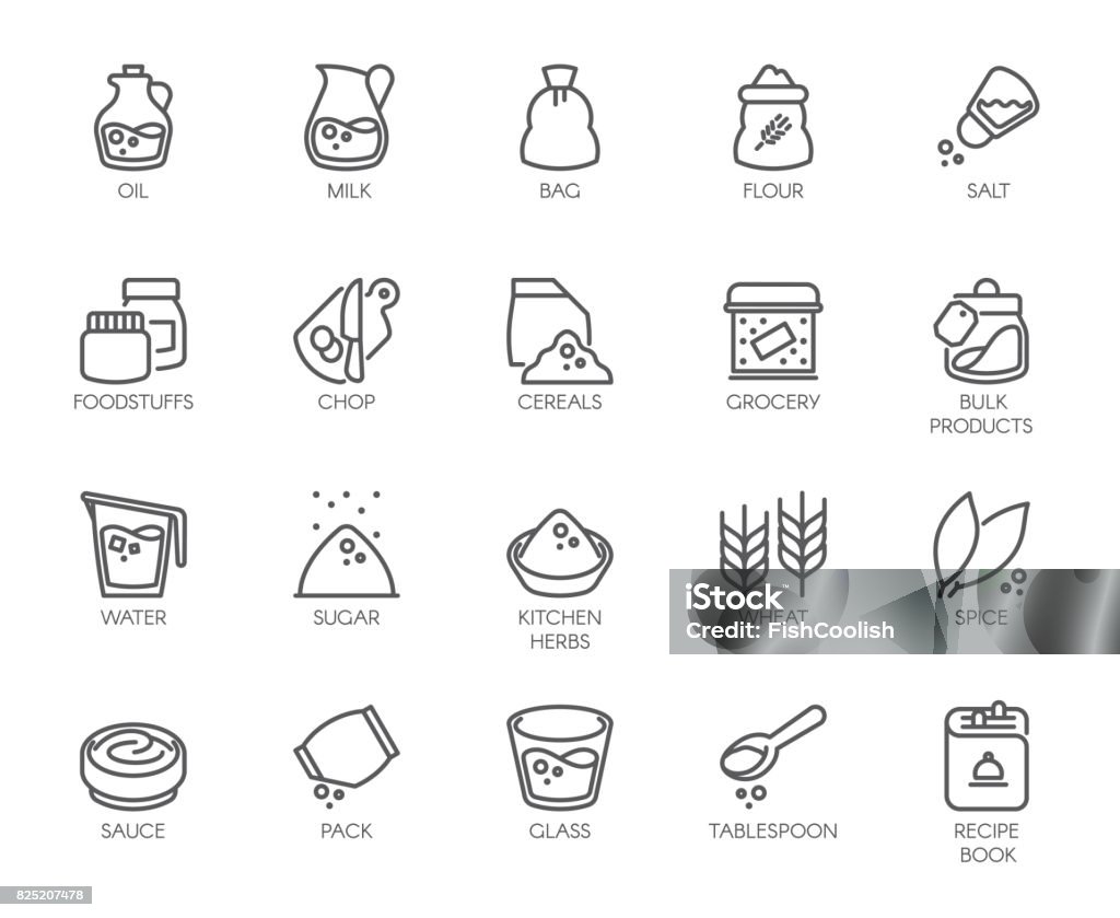 20 iconos de línea en tema de cocina. Logo de contorno aislada sobre fondo blanco. Movimiento editable. 48 x 48 Pixel Perfect - arte vectorial de Ingrediente libre de derechos