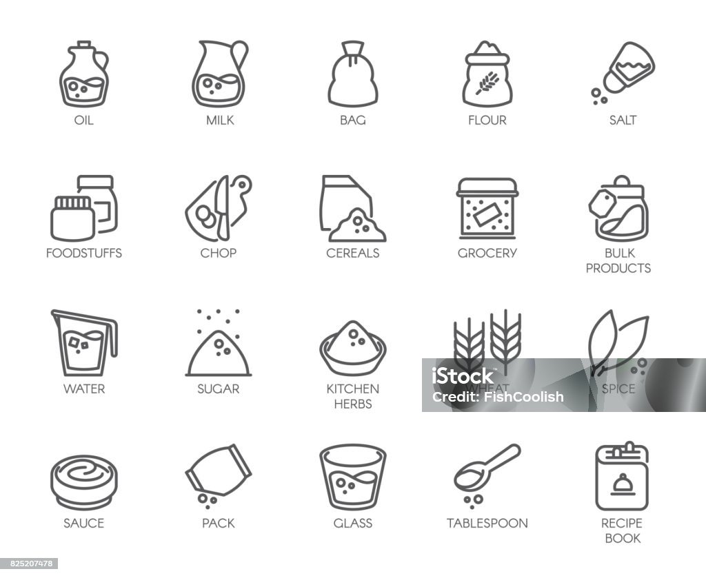 20 icone di linea sul tema della cucina. Icona del contorno isolata su sfondo bianco. Tratto modificabile. 48x48 Pixel Perfetto - arte vettoriale royalty-free di Ingrediente
