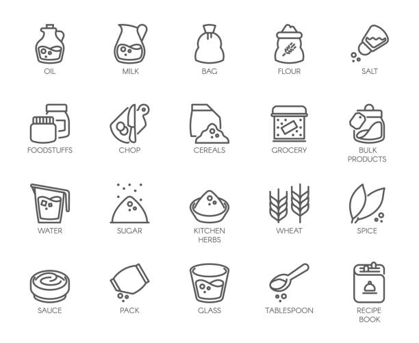 20 line icons on cookery theme. Outline icon isolated on white background. Editable Stroke. 48x48 Pixel Perfect 20 line icons on cookery theme. Ingredients for cooking and kitchen accessories. Outline icon isolated on white background. Editable Stroke. 48x48 Pixel Perfect ingredient stock illustrations