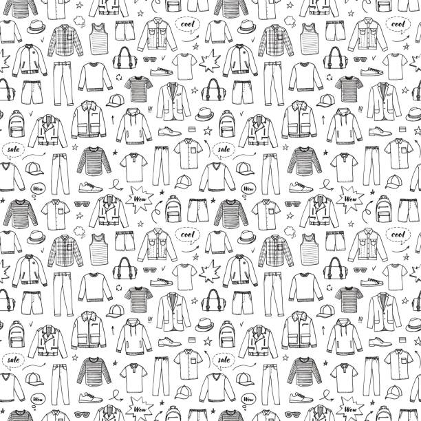 ilustrações de stock, clip art, desenhos animados e ícones de hand drawn seamless pattern. men's clothing and accessories. - baseball cap illustrations