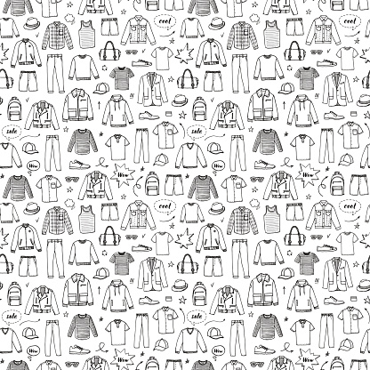 Hand drawn seamless pattern. Men's Clothing and accessories.