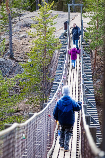 istock Boy is walking on a hanging bridge in the forest 825211196