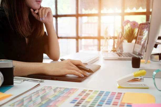 istock Graphic designer woman working on creative office with create graphic on computer. 825216780