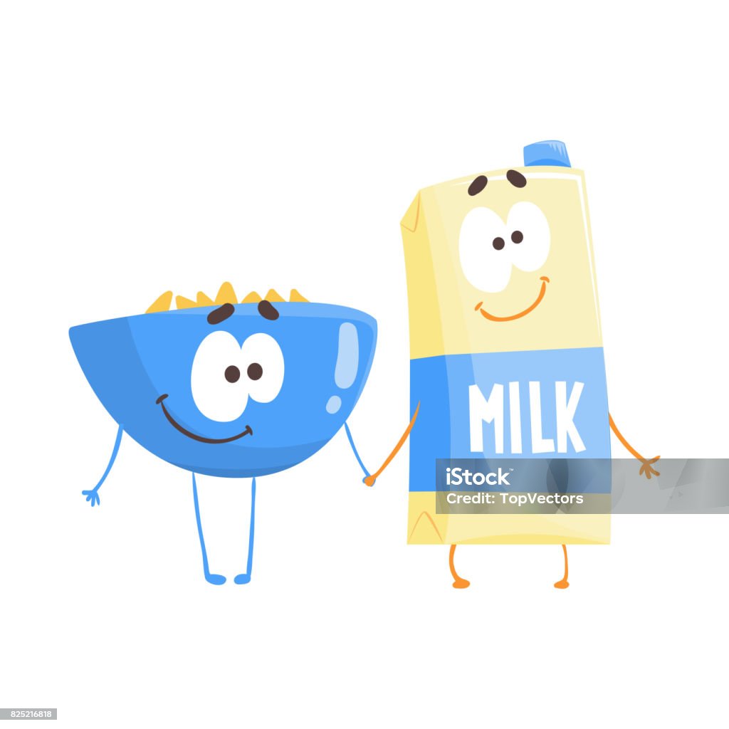 Cute Cartoon Bowl Of Flakes And Carton Of Milk With Smiley Face Funny Fast  Food Character Vector Illustration Stock Illustration - Download Image Now  - iStock