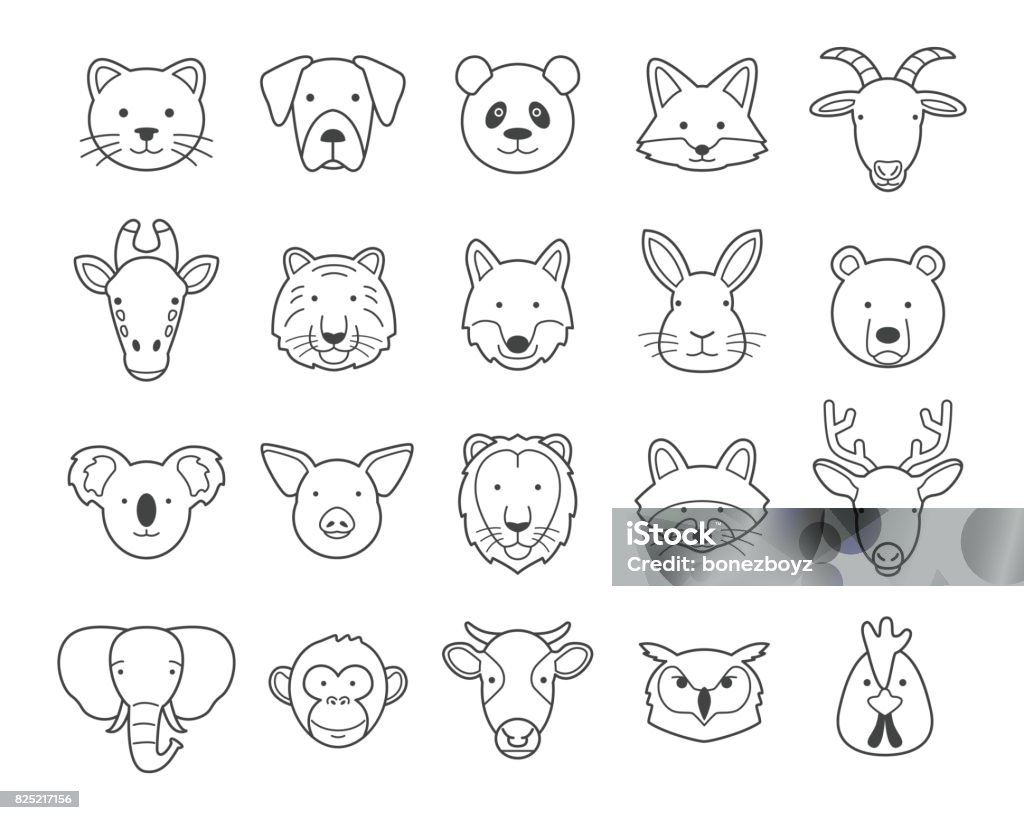 Animal heads Animal heads. Black and white. Outline Set. Icon Symbol stock vector
