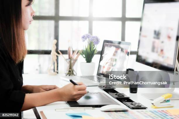 Graphic Designer Woman Working On Creative Office With Create Graphic On Computer Stock Photo - Download Image Now