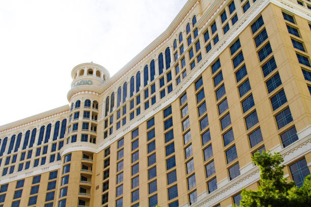 Las Vegas, Nevada - April 14, 2024: Iconic Bellagio and Caesars Palace Hotels and Casinos by the Dancing Fountains