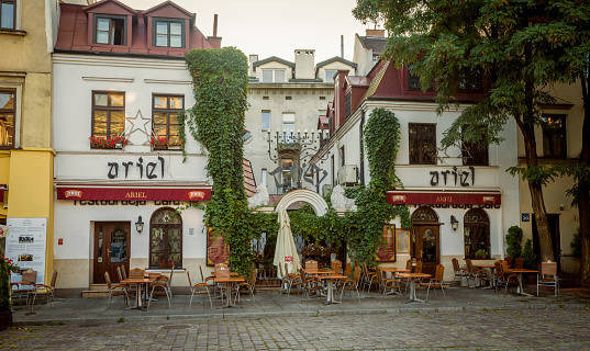 Krakow, Poland - August 29, 2016: House and restaurant in Jewish Quarter of the Kazimierz district in Krakow, Poland
