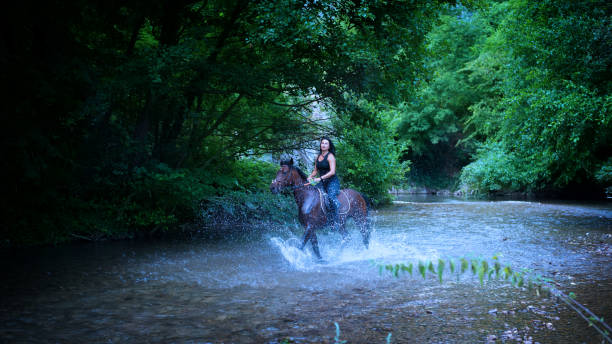 istock Female,riding her horse on the river 825224014