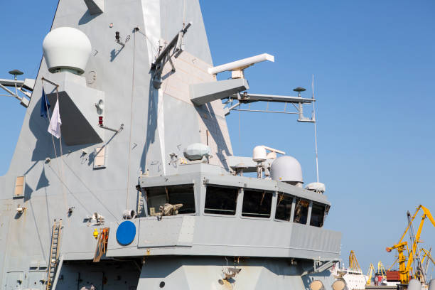istock Part of a combat ship, battleship. Captain's bridge, missile launch system, air defense system of the ship, locators 825231120