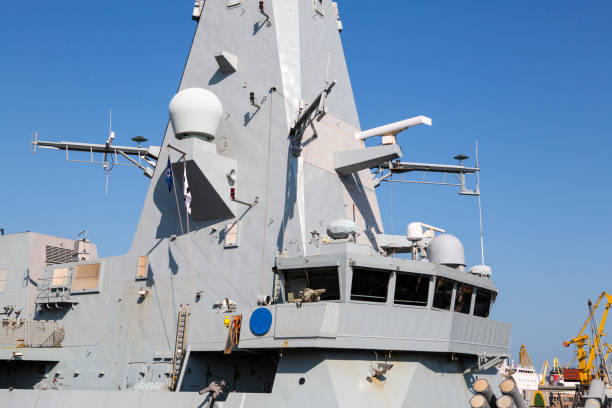 istock Part of a combat ship, battleship. Captain's bridge, missile launch system, air defense system of the ship, locators 825231206