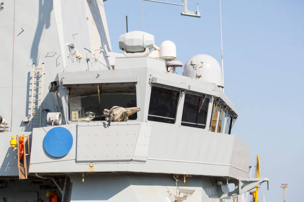 istock Part of a combat ship, battleship. Captain's bridge, missile launch system, air defense system of the ship, locators 825231232