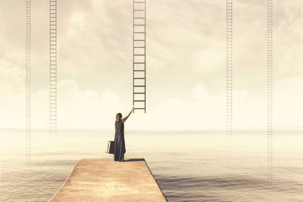 woman chooses imaginary ladder from the sky to a disenchanted destination - personal data imagens e fotografias de stock