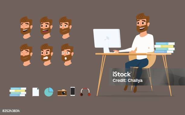 Charakterdesign Geschäftsmann Arbeiten Auf Desktopcomputer Mit Verschiedenen Emotionen Auf Gesicht Stock Vektor Art und mehr Bilder von Eine Person