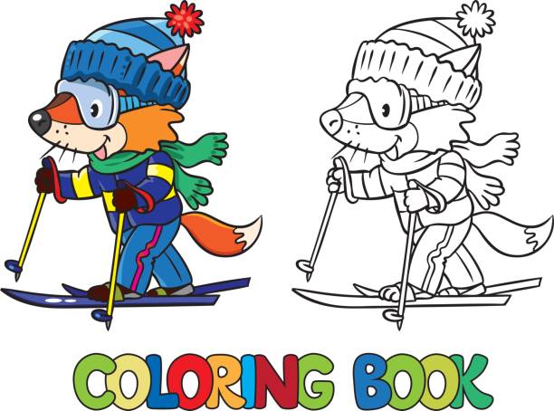 Funny fox rides on skis. Coloring book Coloring book of funny little baby fox rides on skis. Children vector illustration kids snow suits stock illustrations