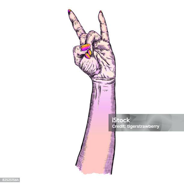 Pink Gothic Emo Witch Craft Millennials Girl Hand In Rock N Roll Sign Heavy Metal Music Poster Female Feminine Magic Wrist Fist Gesture Of Demon Evil Satan Vector Stock Illustration - Download Image Now